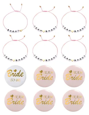 Produktbild von Team Bride JGA Set - 12-teiliges Accessoire-Set mit 6 Armbändern und 6 Anstecknadeln - für Braut und Brautjungfern - Mehrfarbig
