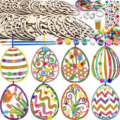 Immagine prodotto di Kit per attività creative a tema Pasqua per bambini, 221 pezzi, include ciondoli in legno da decorare e accessori