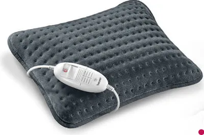 A grey heated cushion with a white controller is shown on a white background.