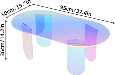 A holographic oval coffee table on a white background with dimensions indicated.