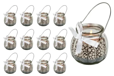 Produktbild von Teelichtgläser Set Kerzenhalter Glas (12er Pack) Teelicht Kerzen Windlicht Hochzeit Party kleine Vase Tisch Deko-Licht inkl. Schleife