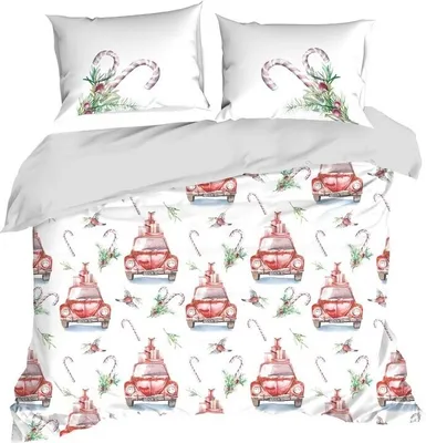 Zdjęcie produktu dla Komplet pościeli Eurofirany, 3-częściowy, 160x200 cm, biały, czerwony, motyw: samochód, Boże Narodzenie, dekoracja