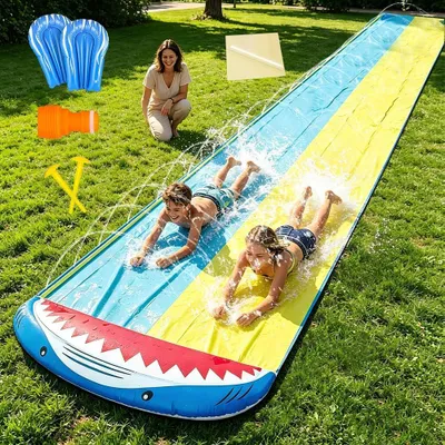Produktbild von Wasserrutsche 480 cm, doppelt, 2 Bodyboards, integrierter Sprinkler, für Garten