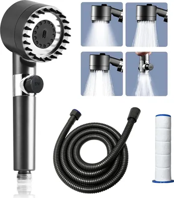 A collage of images showing a shower head, its different spray modes, a hose, and filters.