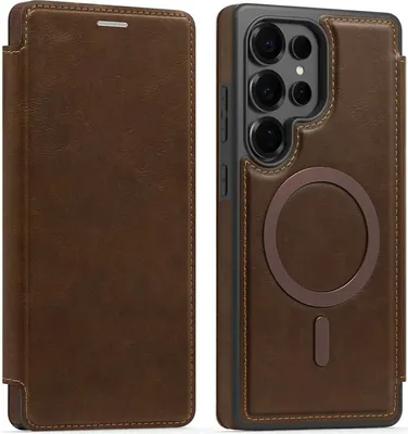 Image de Étui MagSafe pour Samsung Galaxy S25 Ultra - Coque portefeuille Phonesta Luxury Leather - Marron foncé