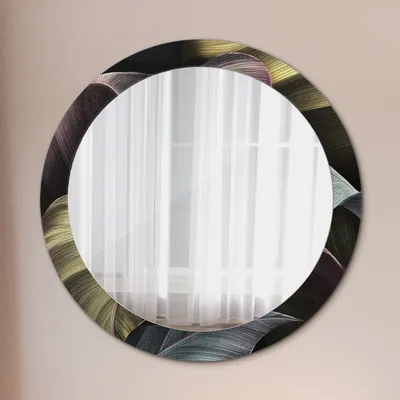 Produktbild von Ø80cm Spiegel - Glasrahmen mit Aufdruck - Wandspiegel Schlafzimmer - Dunkel tropisch Blätter