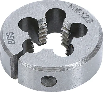 A close-up, studio shot of a metal threading die.