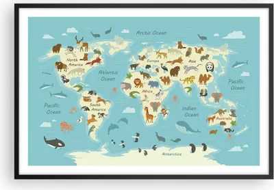 Produktbild von Gerahmtes Poster - Schwarzer Rahmen - Tiere die Welt Karte - 91,5x61 cm - Wand Bild - Wanddeko - Wandbilder - Kunstposter - Wandposter - Bilderrahmen - Bilder - Kunstdruck - P2BAA91x61-4860