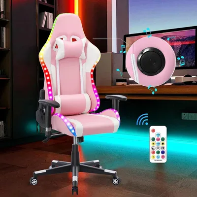 Image de Chaise de jeu Racing avec LED RVB et haut-parleurs, fauteuil PC ergonomique en cuir synthétique avec dossier haut, appuie-tête et soutien lombaire
