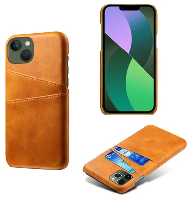 Productafbeelding van MobyDefend Hoesje - Geschikt voor iPhone 14 - Lederen Backcover Met Vakjes Pasjes - Cognacbruin