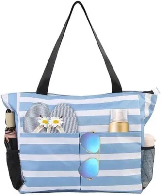Immagine prodotto di Grande borsa da spiaggia da donna, borsa impermeabile con cerniera e numerosi scomparti, borsa riutilizzabile per la spiaggia, la piscina, i viaggi e la spesa - Blu