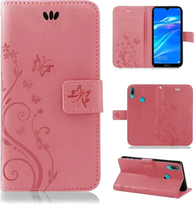A collage of images showing a pink flip phone case with a floral and butterfly design, including views of the case open and closed, and with a phone inside.