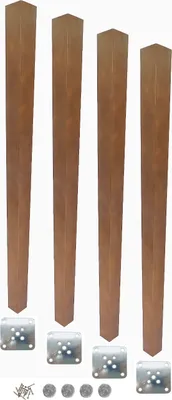 Four wooden table legs and a set of mounting hardware are arranged on a white background.