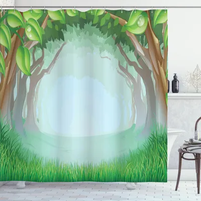 Immagine prodotto di ABAKUHAUS Tenda da doccia Wald, bellissimo stile cartoon fiabesco con illustrazioni di alberi e erba della foresta, 175 x 200 cm, multicolore