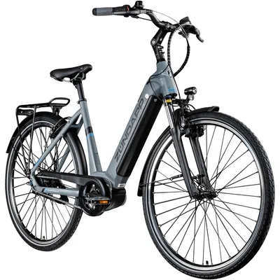 A studio shot of a gray and blue electric bicycle against a white background.