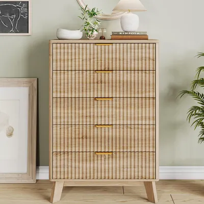 Produktbild von INONEFT Kommode mit 5 schubladen, Sideboard Aufbewahrungsschrank, Geeignet für Schlafzimmer und Wohnzimmer, 40 x 73 x 108 cm, Naturholzfarbe