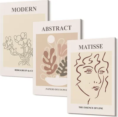 Produktbild von Wandbild – Leinwandbild – Leinwandbilder – Polycanvas – Kunstdruck – Modern – Panorama – Mehrteilig – 3-Teilig Set – Hochwertig – Lichtecht – Geruchslos – 20x30 Cm Je Element - Pflanzenmotive und Linien im modernen Stil