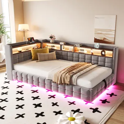 Zdjęcie produktu dla Wielofunkcyjne łóżko tapicerowane sofa rozkładana 90 x 200 cm ze schowkiem z mechanizmem hydraulicznym, drewnianą półką, LED, gniazdkiem, USB, Type-C, welur, jasnoszare