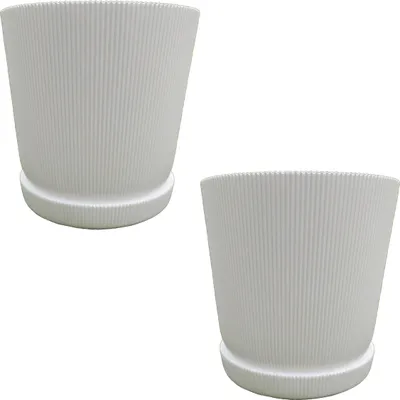 Obrázok produktu pre Relaxdays Kvetináč, sada 2 ks, kvetináč s podtáckou, s drážkami, V x Š: 20 x 20 cm, kvetináč na bylinky, plast, biely