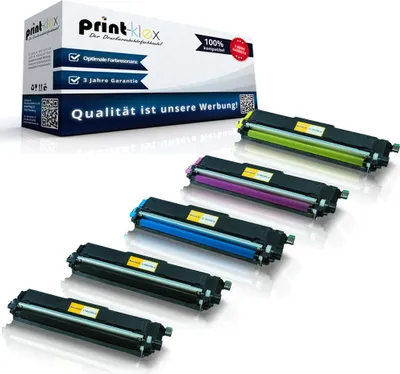 A product shot of multiple toner cartridges and their packaging, presented on a white background.