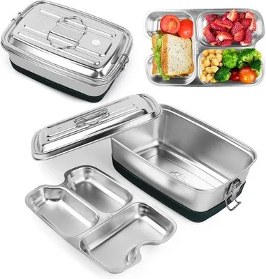 Image de Boîte à lunch en acier inoxydable, 2000 ml, boîte métallique à 3 compartiments avec joint alimentaire, récipient à pain étanche, idéale pour les sandwichs, les salades, les fruits, boîte repas portable pour enfants et adultes