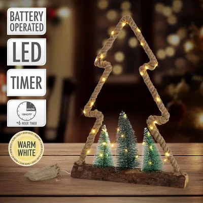Produktbild von ECD Germany LED Jute Baum mit LED-Beleuchtung 35x6,5x45 cm, Deko Weihnachtsbaum aus Seil mit 45 warmweißen LEDs Jutesäckchen Figur Weihnachtsdeko