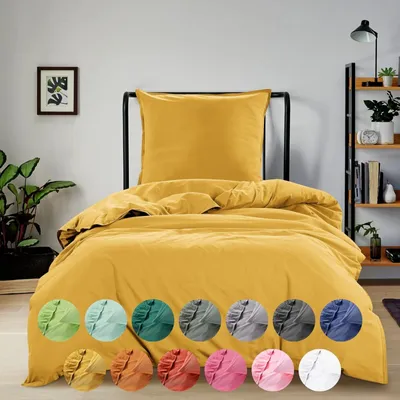 A bed with yellow bedding is shown, with a collection of swatches of different colored bedding options displayed below.