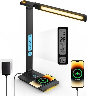 Produktbild von LED-Tischlampe dimmbar mit Ladefunktion & Uhr – 10W kabelloses Ladegerät, faltbar, 5-stufige Touch-Dimmung, 3 Beleuchtungsmodi