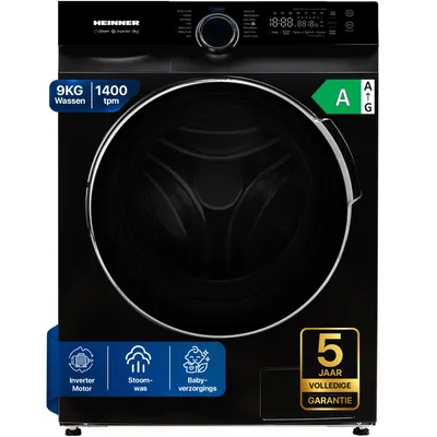 Productafbeelding van Heinner HWM-M914IVKB Voorlader Wasmachine 9 kg, 1400 tpm, Inverter, Touch, Stoom, Zwart