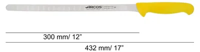 Zdjęcie produktu dla Nóż do łososia Arcos color - Prof 293300 ze stali nierdzewnej nitrum i ergonomicznego żółtego polipropylenu mango z ostrzem 30 cm, etui ekspozycyjne