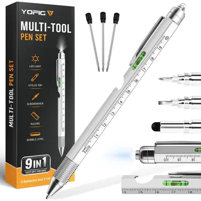 Immagine prodotto di Penna multifunzione 9 in 1, strumento con luce LED, cacciavite, livella, apribottiglie, supporto per cellulare, colore argento
