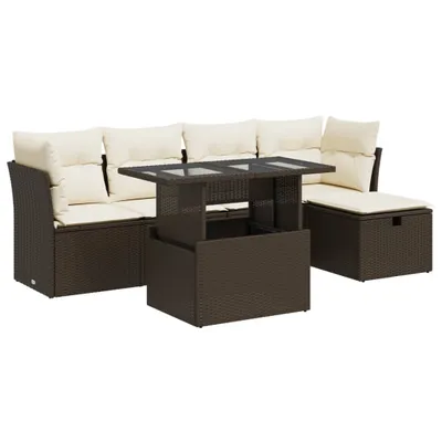 Produktbild von Gartenmöbel-Set 6-tlg., Lounge-Sofa mit Stauraum, Poly Rattan & Stahl, verstellbarer Tisch, cremeweiße Kissen, Braun