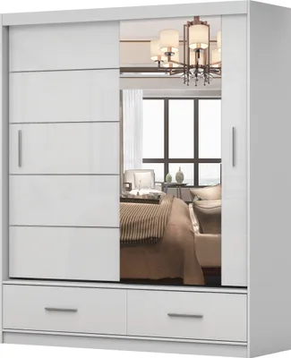 Produktbild von 2er SET Schwebetürenschrank FLORENCE mit Spiegel 150 cm und Kommode FRIDA 01 1D4S, Breite: 135 cm WEISS/WEISS