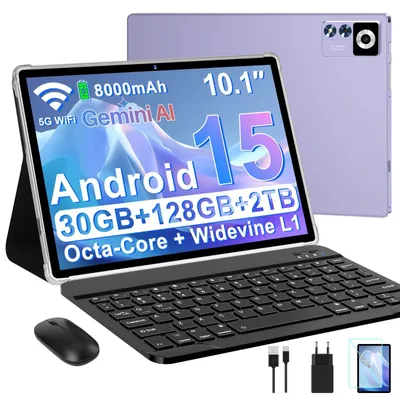 Produktbild von Android 15 Tablet 10 Zoll Gemini AI 30GB RAM+128GB ROM TF 1TB 5G WLAN Octa-Core 2GHz Widevine L1 8000mAh BT 5 GPS Face ID Tablet mit Tastatur Maus Purple