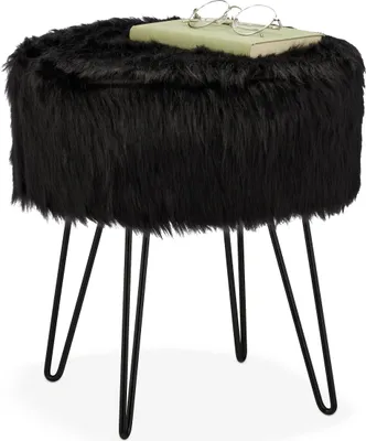 Runder Sitzhocker mit Kunstfell, schwarz, 41x37 cm