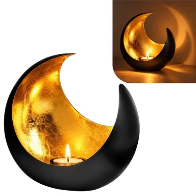 Zdjęcie produktu dla Lampion Moona, 20 cm, metal, czarny i złoty, w orientalnym stylu, przeznaczony do świec typu tealight