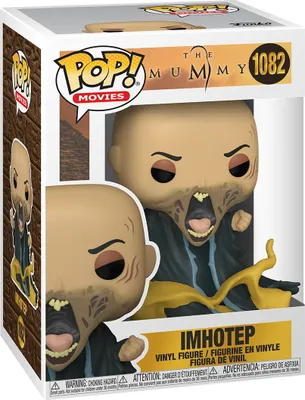 A Funko Pop! vinyl figure of Imhotep from The Mummy movie, displayed in its original packaging.