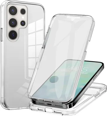 A clear phone case is shown from multiple angles, with one phone inside.