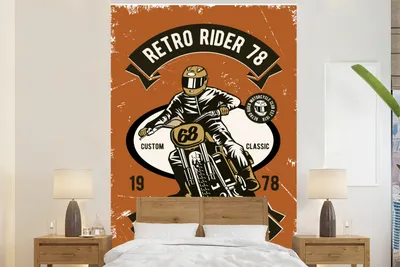 Produktbild von MuchoWow® Fototapete für Wohnzimmer oder Schlafzimmer Wandtapete Vinyl Motivtapete Motorrad - Helm - Retro - Zitat - 160x240 cm - Vinyltapete