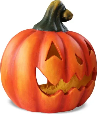 A ceramic jack-o'-lantern decoration with a carved face and stem, isolated on a white background.