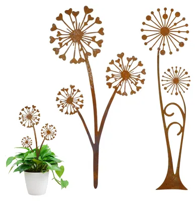 Produktbild von Gartendekoration in Rostfarbe, Löwenzahn-Gartenstecker für den Außenbereich, Frühlingsblumenstecker, wetterfest, rostfarbene Metall-Gartendekoration für Rasen, Garten, Balkon, Blumentopf und Terrasse, 2er-Set, 30 cm