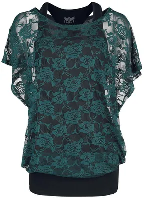 Produktbild von Black Premium by EMP Damen schwarzes Top mit grünem Spitzen T-Shirt L
