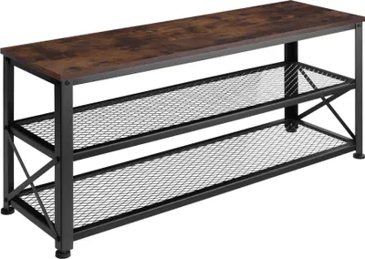A shoe rack with a wooden top and two metal mesh shelves.