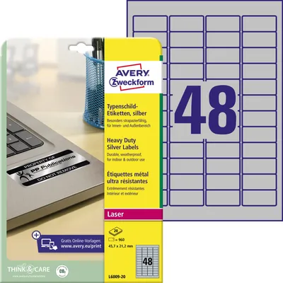 Obrázek produktu pro Avery L6009-20, Stříbrná, Zaoblený obdélník, Permanentní, DIN A4, Polyester, 78 g/m²