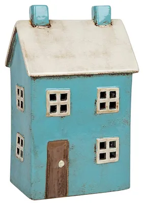 Teelichthalter Haus, Keramik, Blau-Weiß, 15,5x10x25 cm