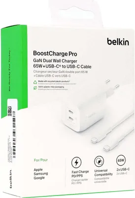 Immagine prodotto di Belkin BOOST CHARGE PRO GaN - Alimentatore - Tecnologia PPS e GaN - 65 Watt - Carica rapida, PD 3.0 - 2 porte di uscita (2 x USB-C)