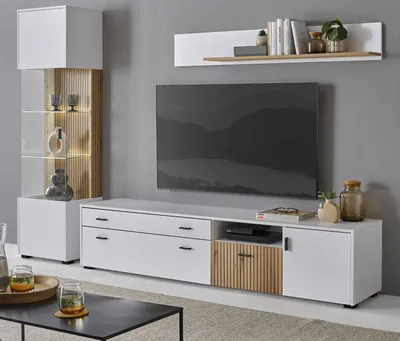Produktbild von Wohnwand "Merced" in weiß matt und Evoke Eiche Wohnkombination 3-teilig 258 x 180 cm