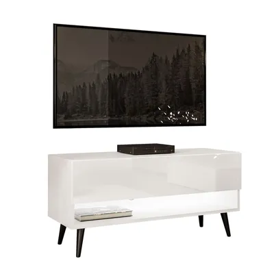 Produktbild von RTV Schrank CALANTE 90 cm auf Beinen mit LED-Beleuchtung Weiß / Weiß hochglanz schräge schwarze Beine