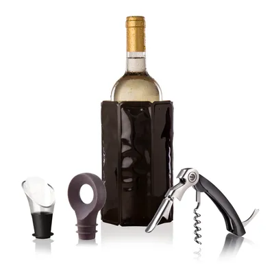 Produktbild von Vacu Vin Geschenkset Wein Klassik 4-tlg., Weinkühler, Kellnermesser, Ausgießer, Flaschenverschluss, Kunststoff, Edelstahl, Schwarz, Braun, 3890160