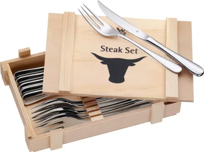 Produktbild von WMF Steakbesteck 12-teilig, Steakbesteck Set für 6 Personen, Steakmesser Set, Steakgabel, Cromargan Edelstahl poliert, Grillbesteck in Holzkiste